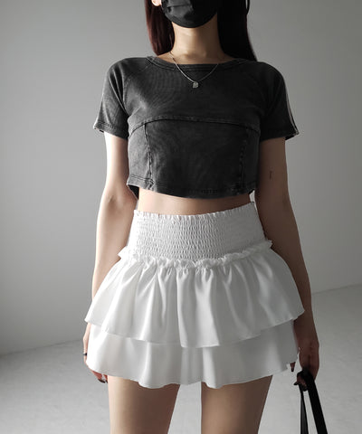 【 ３color ／ ３size 】２段フリルシャーリングミニスカパン ／ double frill shirring mini skirt pants