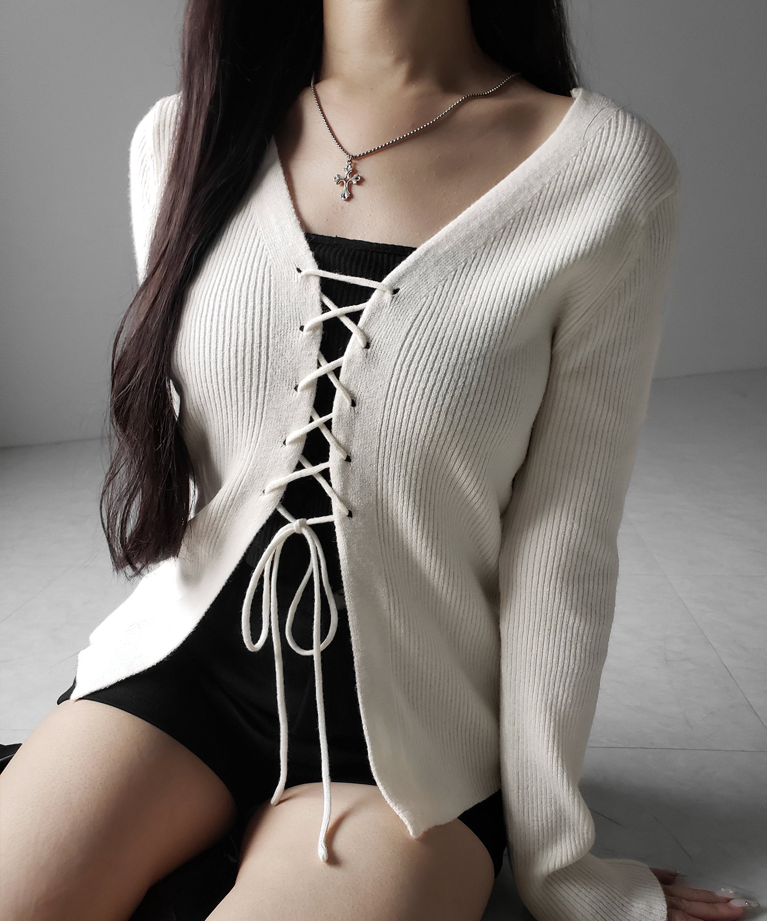 【 ３color 】レースアップリボンリブニットカーディガン ／ lace up ribbon rib knit cardigan