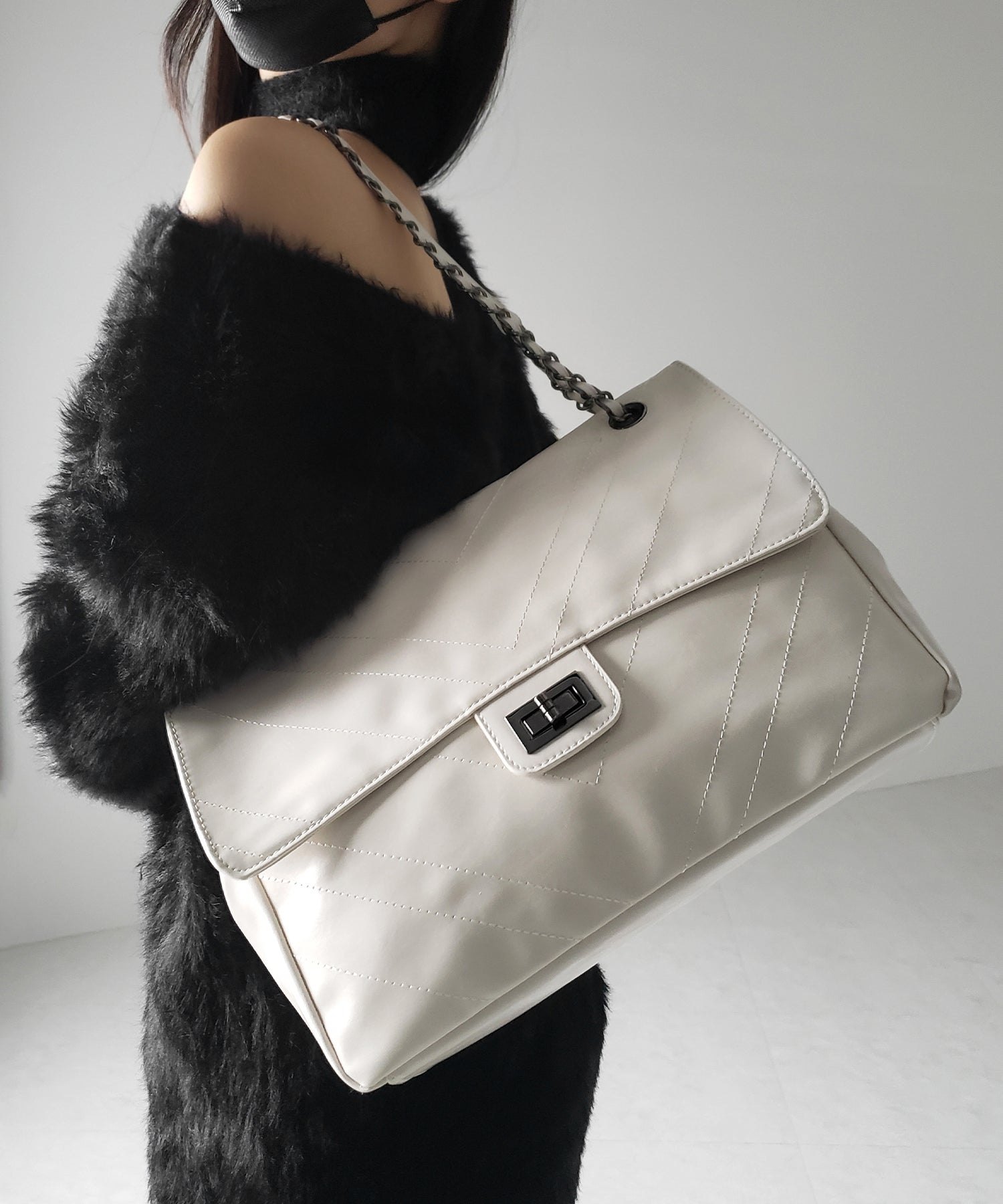 【 ３color 】２WAY チェーンフェイクレザーフラップショルダーバッグ ／ 2WAY chain fake leather flap shoulder bag
