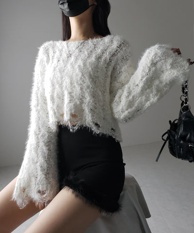 【 ２color 】マシュマロダメージショートニット ／ marshmallow damage short knit