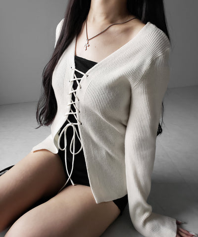 【 ３color 】レースアップリボンリブニットカーディガン ／ lace up ribbon rib knit cardigan