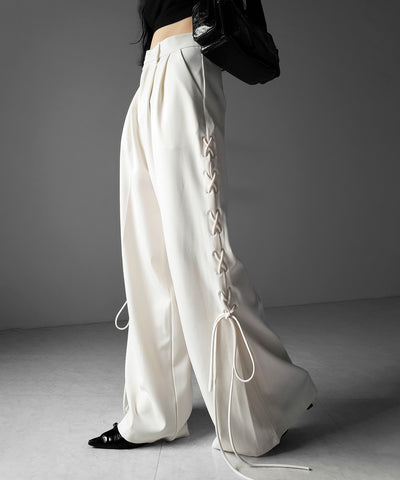 レースアップダブルタックワイドスラックス ／ laceup double tack wide slacks
