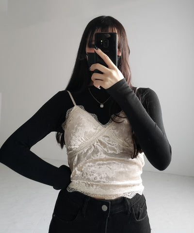 【 カップ付き 】レーシーベロアショートビスチェキャミソール ／ velor lacy short bustier camisole