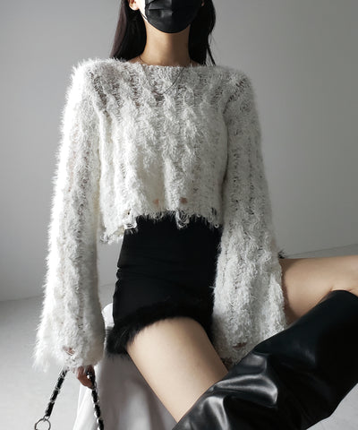 【 ２color 】マシュマロダメージショートニット ／ marshmallow damage short knit