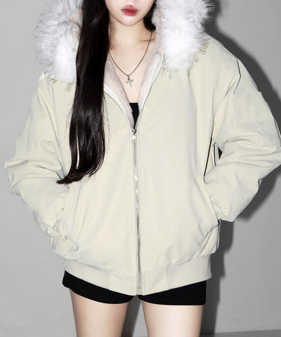 ファーフードヴィンテージフェイクレザーオーバーブルゾン ／ fur hooded vintage fake leather over blouson