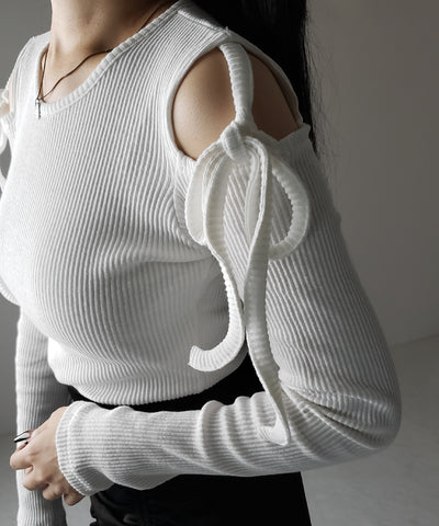 【 ３color 】カットアウトショルダーリボンリブトップス ／ Cut-out shoulder ribbon rib tops