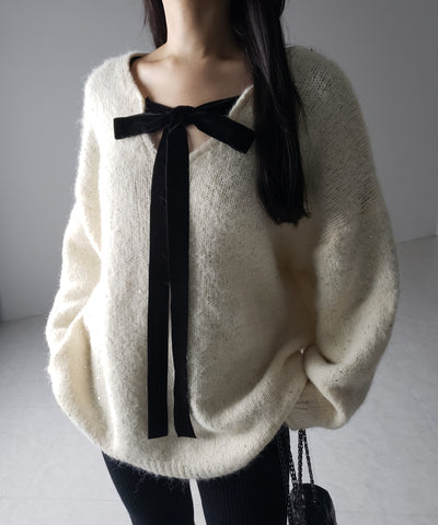 【 ２WAY 】ベロアリボンスパングルオーバーニット ／ velor ribbon spangle over knit
