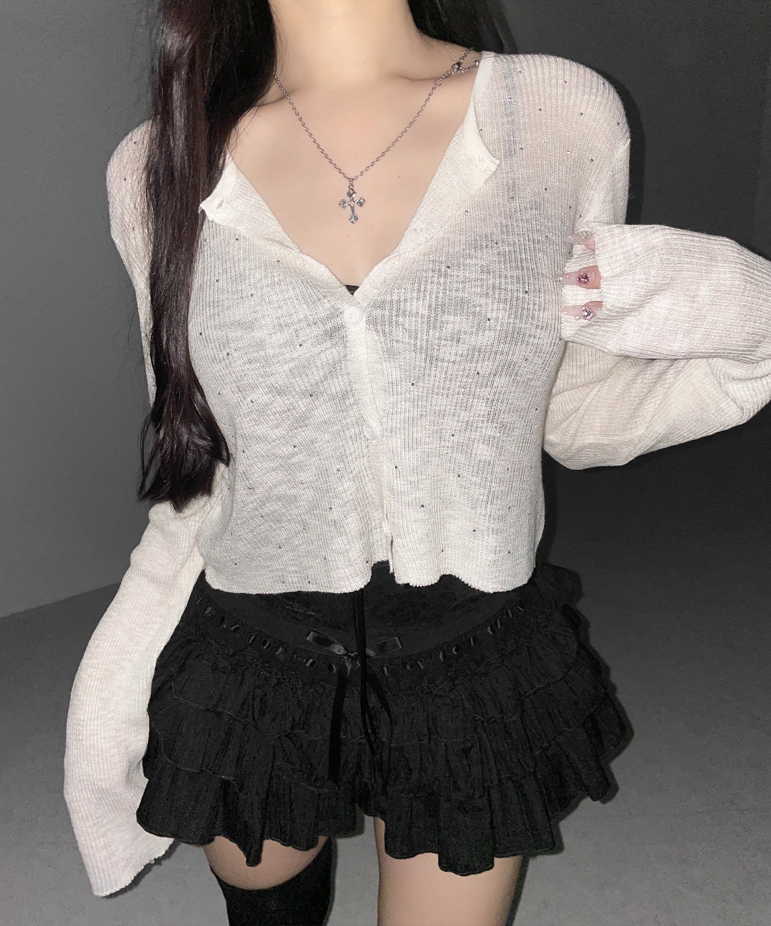 ラインストーンシアーニットカーディガン ／ Rhine stone sheer knit cardigan
