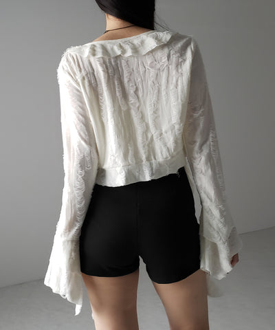 【 ２color 】ダメージフリルショートリボンカーディガン ／ damage frill short ribbon cardigan