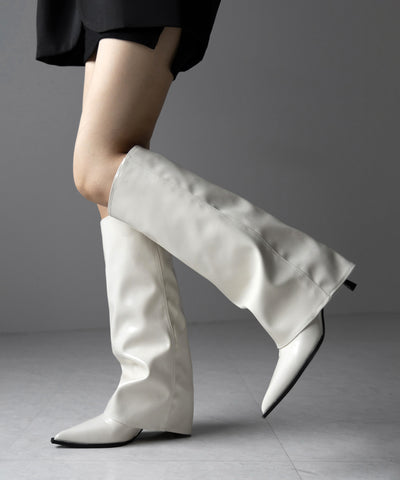 【 ２color 】ポインテッドトゥフェイクレザーカバーロングブーツ ／ pointed toe fake leather covered long boots