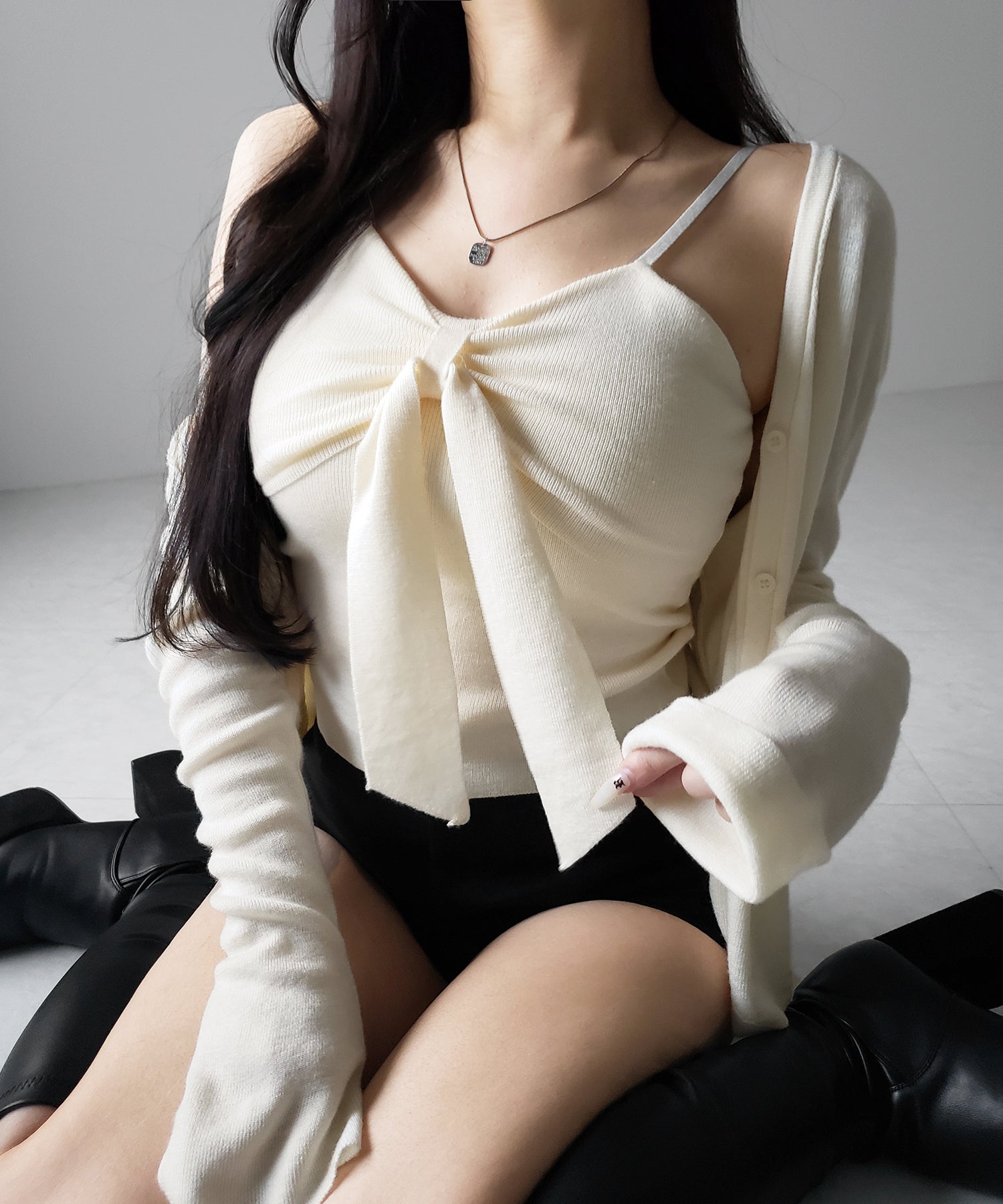 【 ２点セット 】リボンニットキャミソール ＋ カーディガンセット ／ribbon knit camisole + cardigan SET