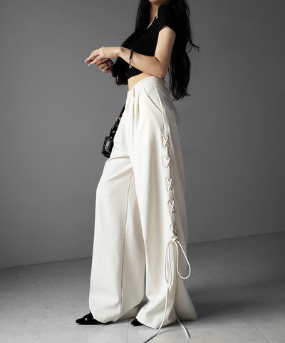 レースアップダブルタックワイドスラックス ／ laceup double tack wide slacks
