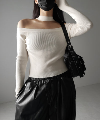 【 ２color 】チョーカーオフショルリブニットトップス ／choker offshoulder lib knit tops