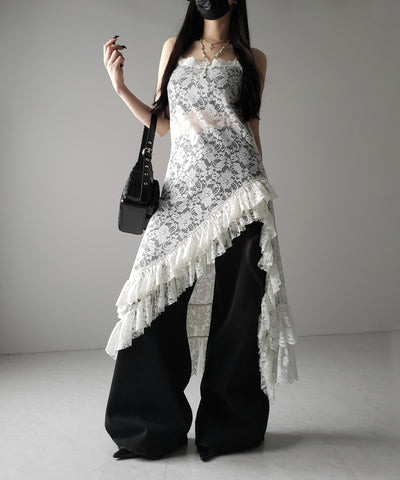 【 ２color 】アシンメトリーフリルレイヤードレースキャミワンピース ／ asymmetry frill layered lace cami onepiece