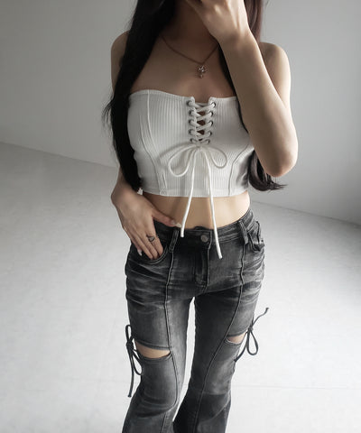 【カップ付き 】レースアップコルセットリボンショートリブベアトップ ／ laceup corset ribbon short ribbed bare top