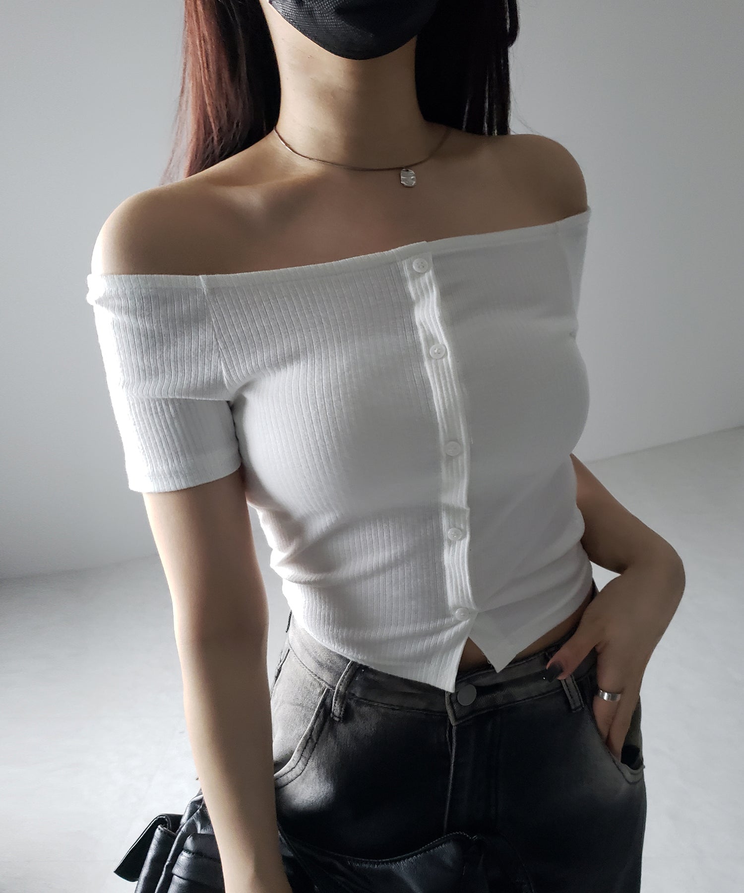【 ２WAY 】ストラップリボンオフショルダーリブトップス ／ strap ribbon off shoulder rib tops