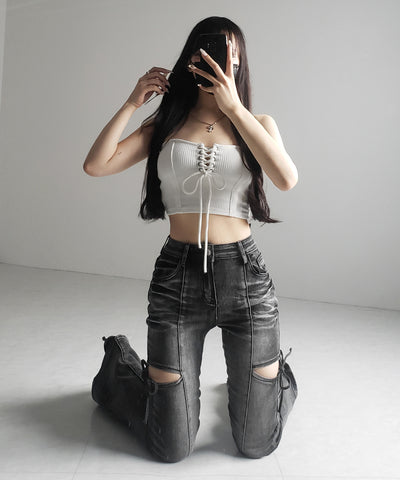 【カップ付き 】レースアップコルセットリボンショートリブベアトップ ／ laceup corset ribbon short ribbed bare top