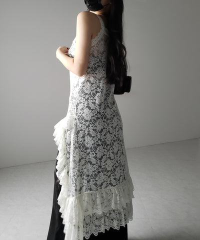 【 ２color 】アシンメトリーフリルレイヤードレースキャミワンピース ／ asymmetry frill layered lace cami onepiece