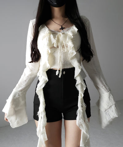 【 ２color 】ダメージフリルショートリボンカーディガン ／ damage frill short ribbon cardigan