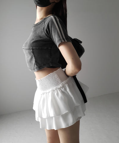 【 ３color ／ ３size 】２段フリルシャーリングミニスカパン ／ double frill shirring mini skirt pants