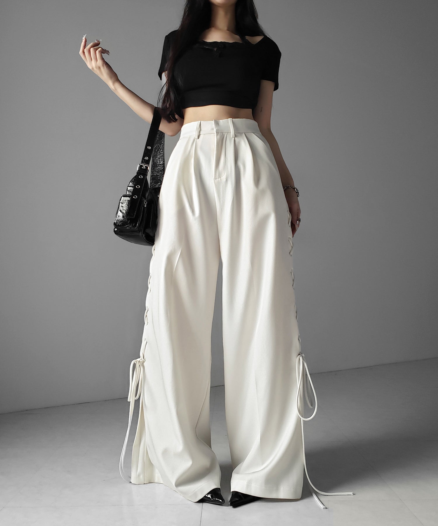 レースアップダブルタックワイドスラックス ／ laceup double tack wide slacks