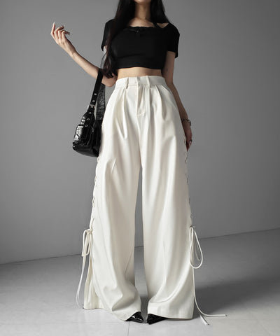 レースアップダブルタックワイドスラックス ／ laceup double tack wide slacks
