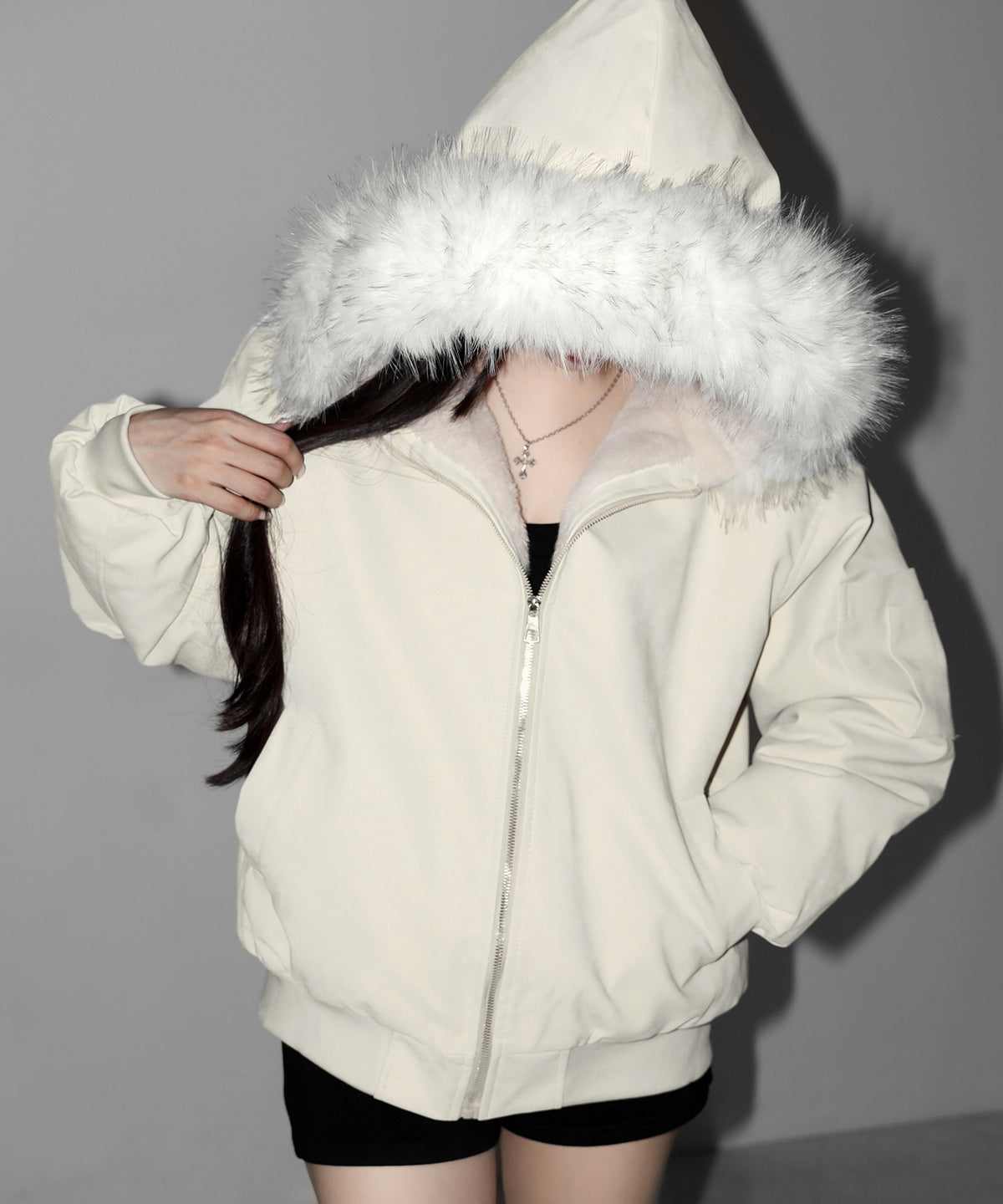 ファーフードヴィンテージフェイクレザーオーバーブルゾン ／ fur hooded vintage fake leather over blouson