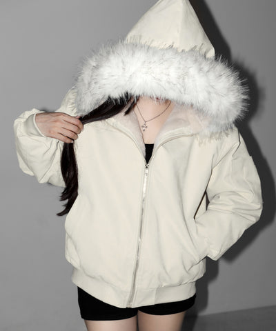 ファーフードヴィンテージフェイクレザーオーバーブルゾン ／ fur hooded vintage fake leather over blouson