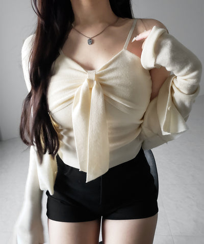 【 ２点セット 】リボンニットキャミソール ＋ カーディガンセット ／ribbon knit camisole + cardigan SET