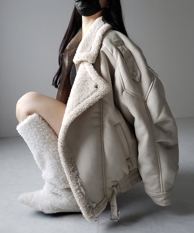 【 ２color 】フェイクレザーベルテッドボアムートンジャケット ／ fake leather belted boa mouton jacket