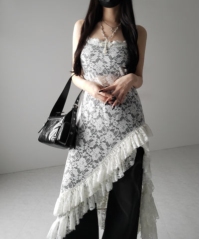 【 ２color 】アシンメトリーフリルレイヤードレースキャミワンピース ／ asymmetry frill layered lace cami onepiece