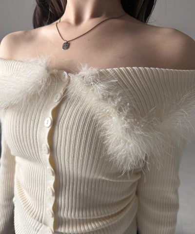 フェザーファー襟オフショルリブニットトップス ／feather fur collar off shoulder rib knit tops
