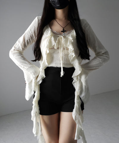 【 ２color 】ダメージフリルショートリボンカーディガン ／ damage frill short ribbon cardigan