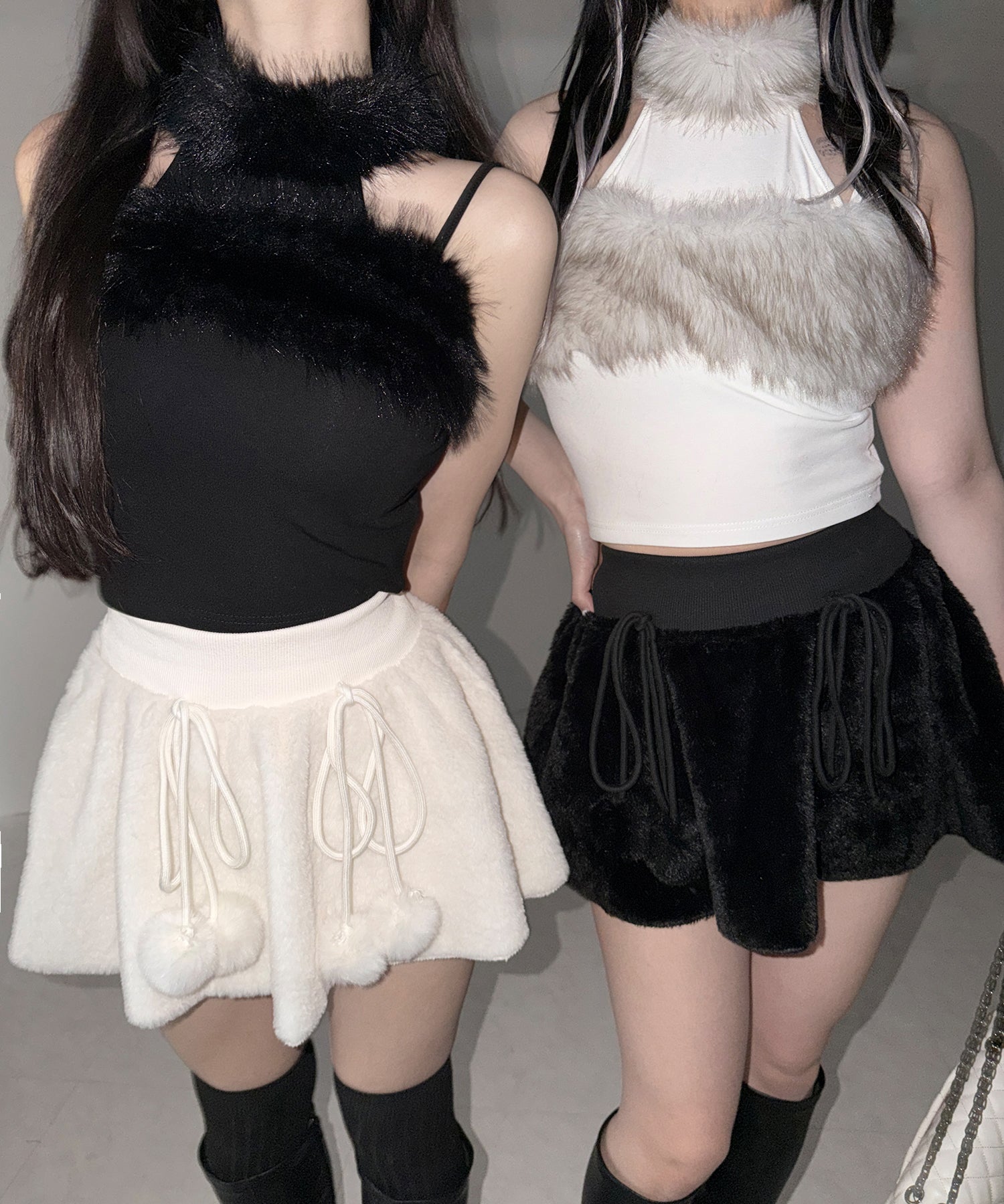 【 インパン裏地付き 】ポンポン付ファーフレアミニスカート ／ ponpon fur flare mini skirt
