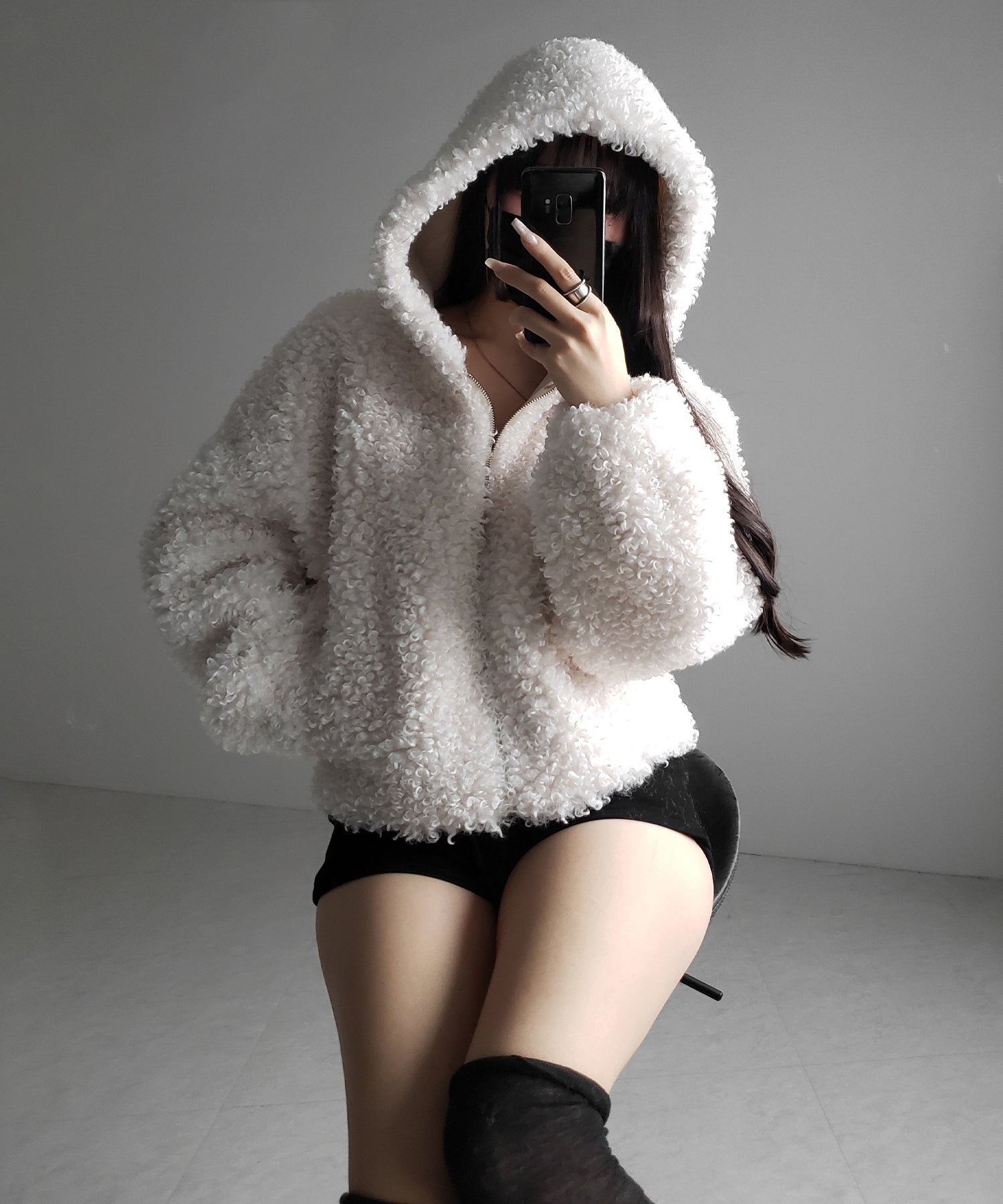 テディボアジップアップフーディクロップドコート ／ teddy boa zipup hoodie cropped cat