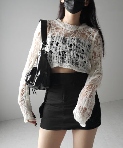 【 ２color 】クラッシュダメージショートシアーニット ／ crush damage short sheer knit