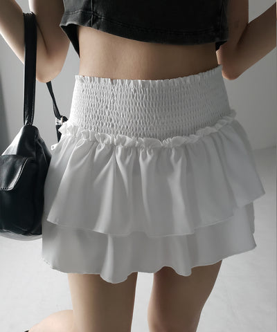 【 ３color ／ ３size 】２段フリルシャーリングミニスカパン ／ double frill shirring mini skirt pants