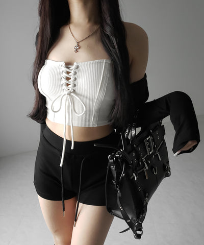 【カップ付き 】レースアップコルセットリボンショートリブベアトップ ／ laceup corset ribbon short ribbed bare top