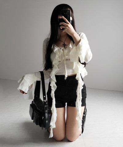 【 ２color 】ダメージフリルショートリボンカーディガン ／ damage frill short ribbon cardigan