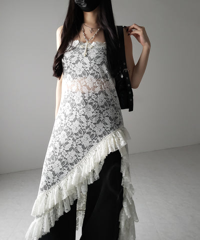 【 ２color 】アシンメトリーフリルレイヤードレースキャミワンピース ／ asymmetry frill layered lace cami onepiece