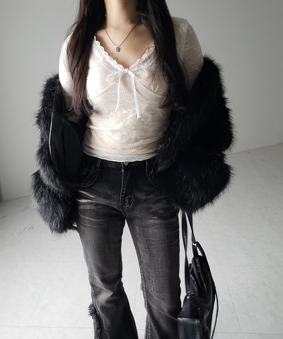 フロントリボンレイヤードレーストップス ／ front ribbon layered lace tops