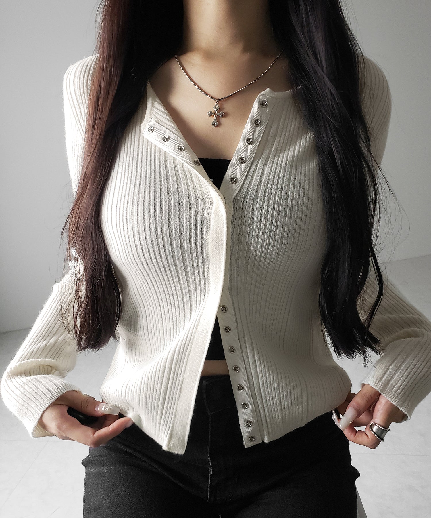 【 ３color 】スナップボタンリブニットスリムカーディガン ／ snap button rib knit slim cardigan