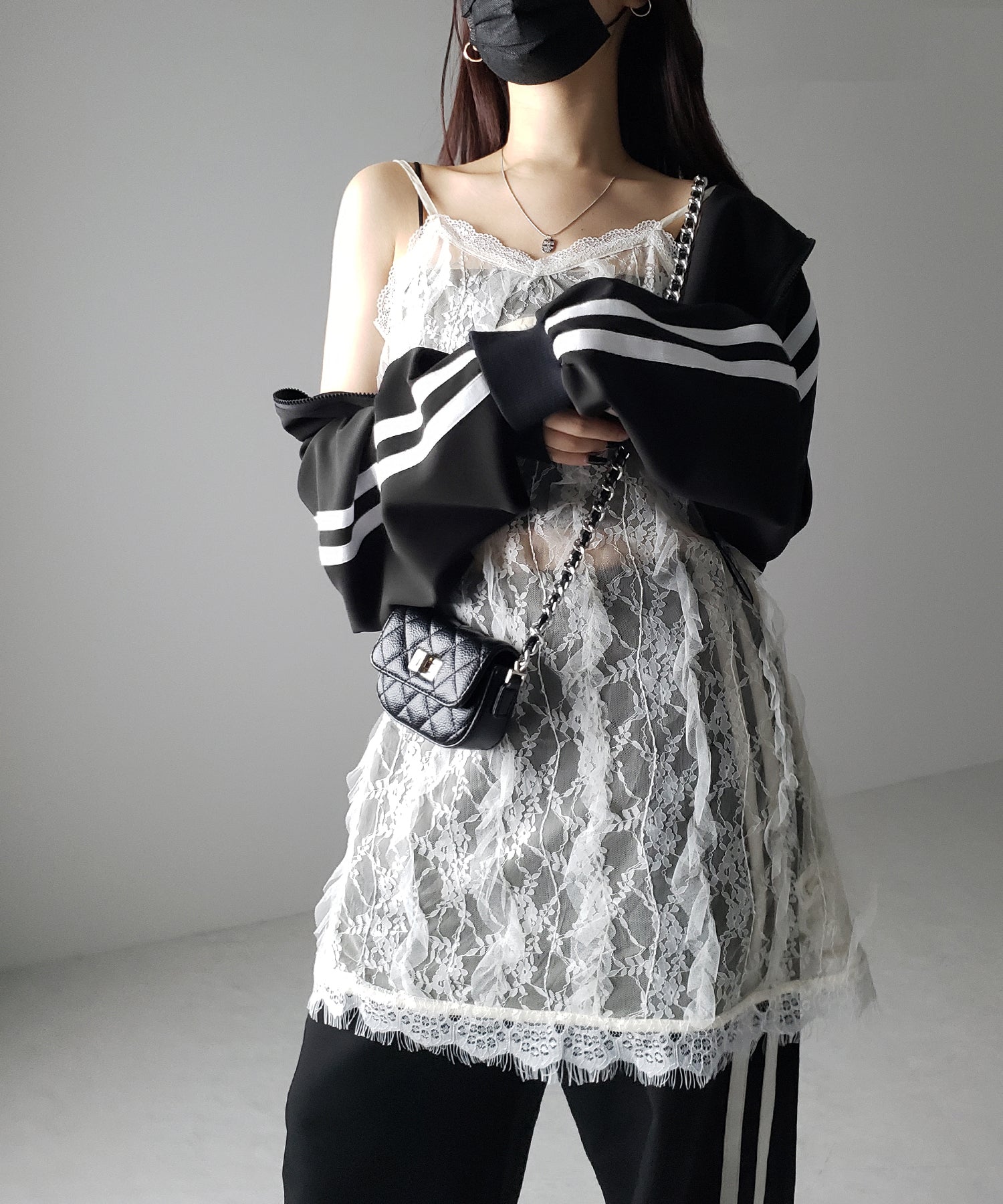 【 ２color 】チュールドッキングレースチュニックキャミソール ／ tulle docking lace tunic camisole