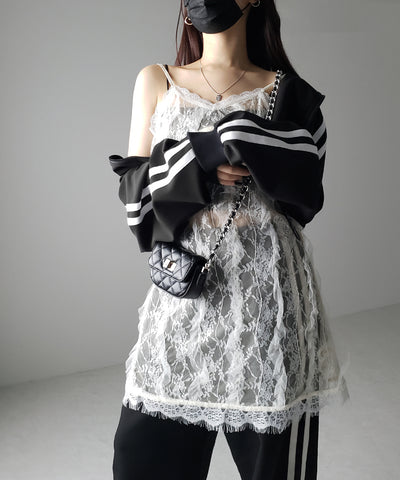 【 ２color 】チュールドッキングレースチュニックキャミソール ／ tulle docking lace tunic camisole