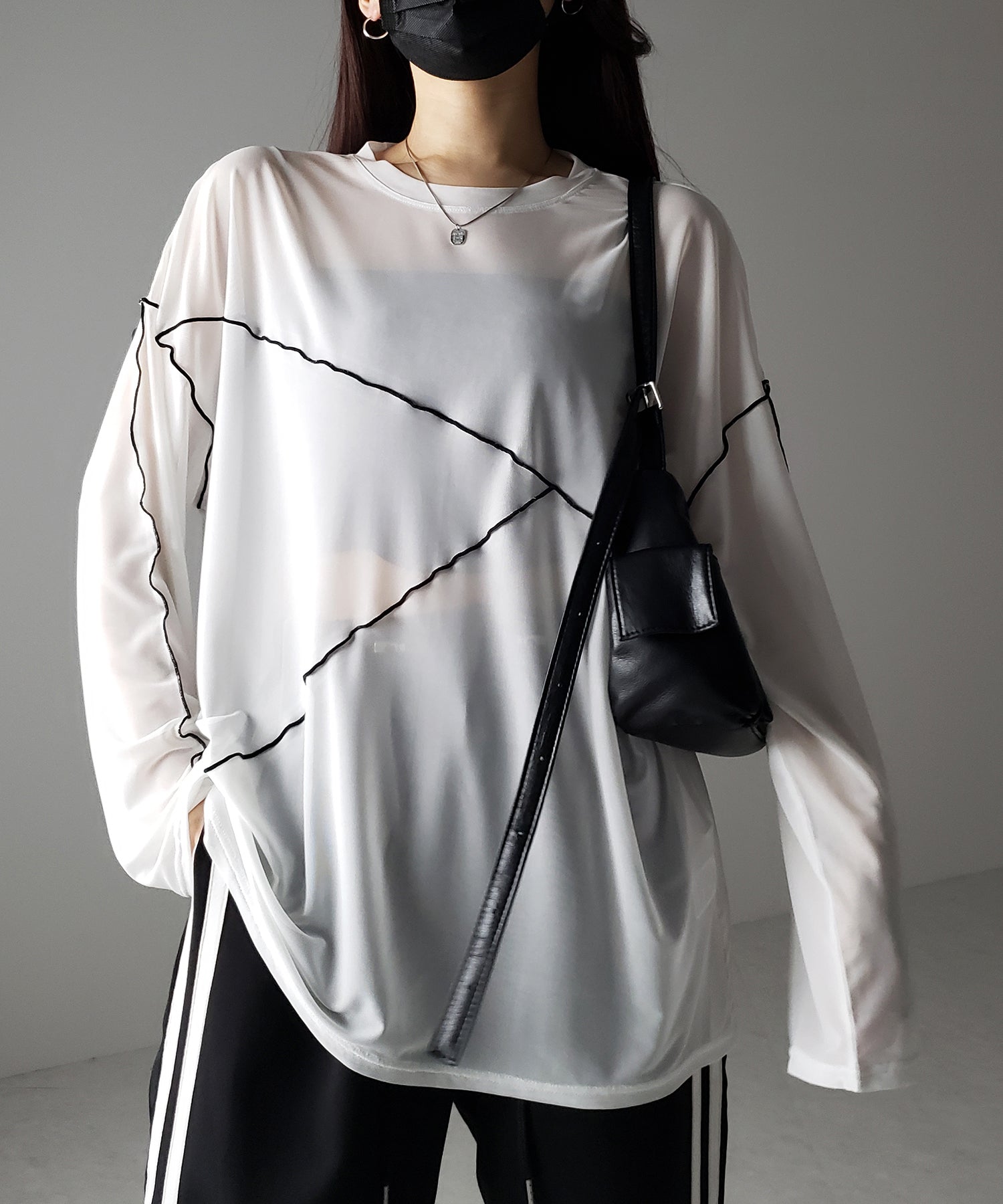 2color 】ビッグシルエットラインステッチシースルートップス