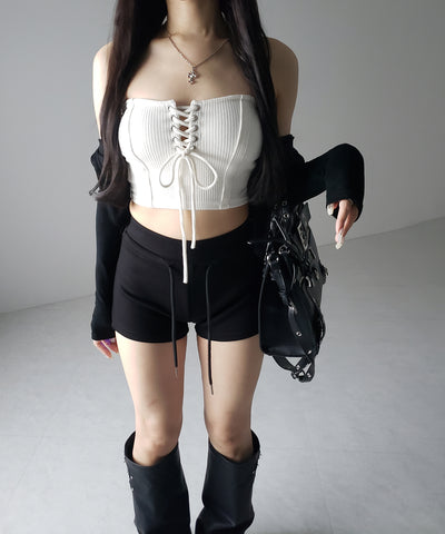 【カップ付き 】レースアップコルセットリボンショートリブベアトップ ／ laceup corset ribbon short ribbed bare top