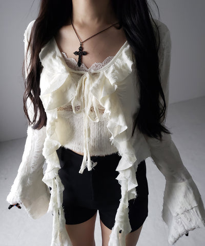 【 ２color 】ダメージフリルショートリボンカーディガン ／ damage frill short ribbon cardigan
