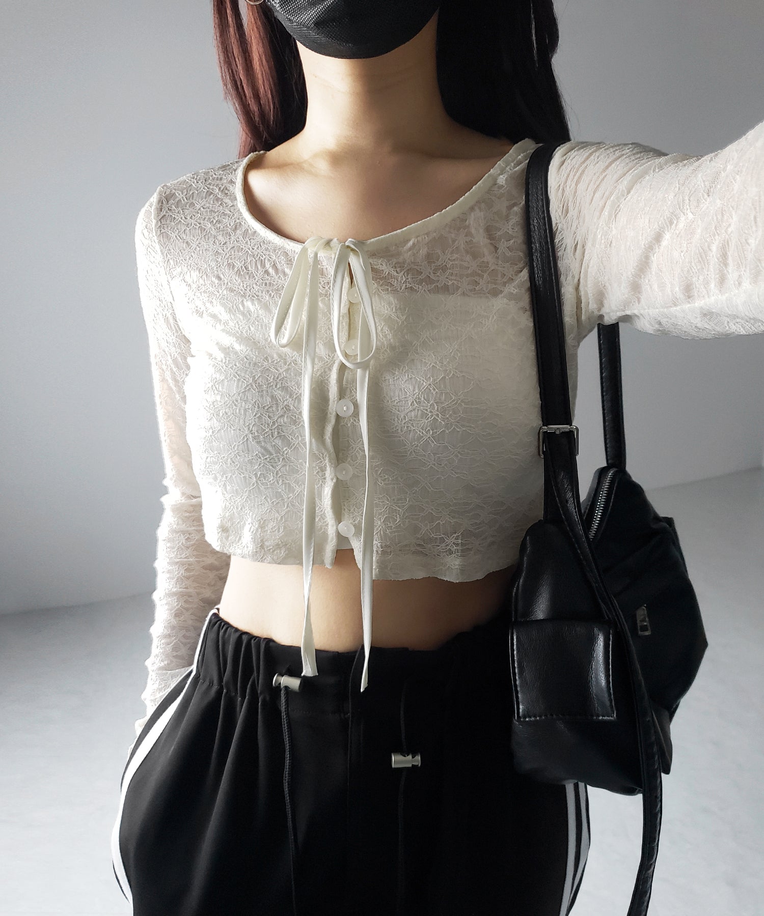 【 ２WAY 】クロスストラップリボンショートレースカーディガン ／ cross strap ribbon short lace cardigan