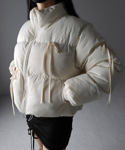 【 選べる３色展開 ／ 裾絞り可能２WAY 】ストラップリボンショートパフダウンジャケット ／ strap ribbon short puff down jacket
