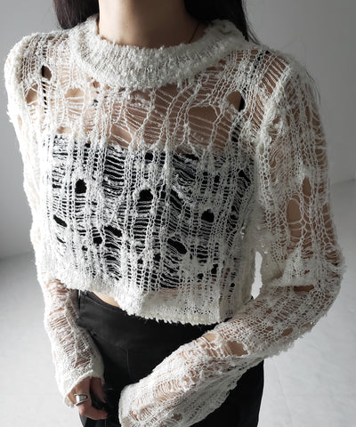 【 ２color 】クラッシュダメージショートシアーニット ／ crush damage short sheer knit